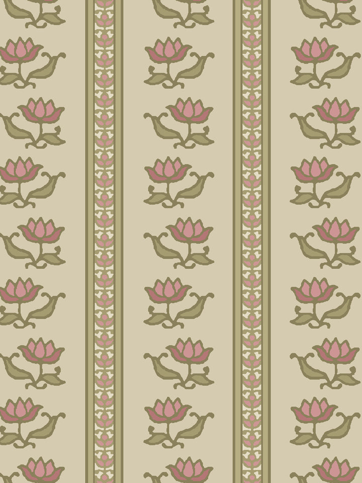 Close crop of dusty rose pink lotus stripes on pale greige