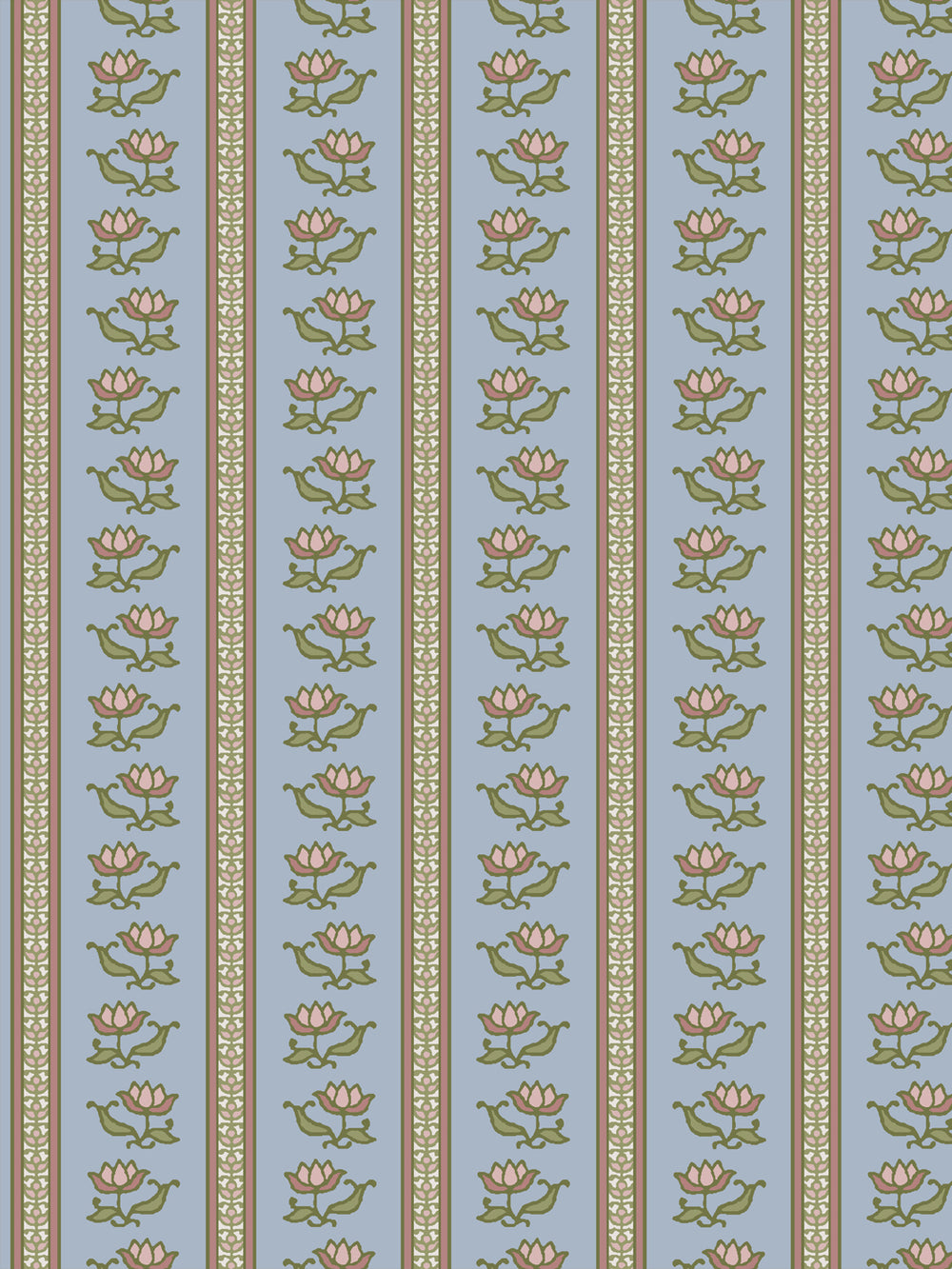 Azahara wallpaper in Dewdrop Garden: dusty pink lotus stripes with moss green leaves on powder blue
