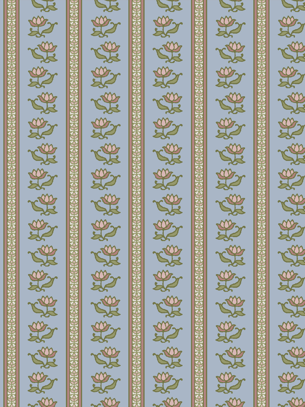 Azahara wallpaper in Dewdrop Garden: dusty pink lotus stripes with moss green leaves on powder blue