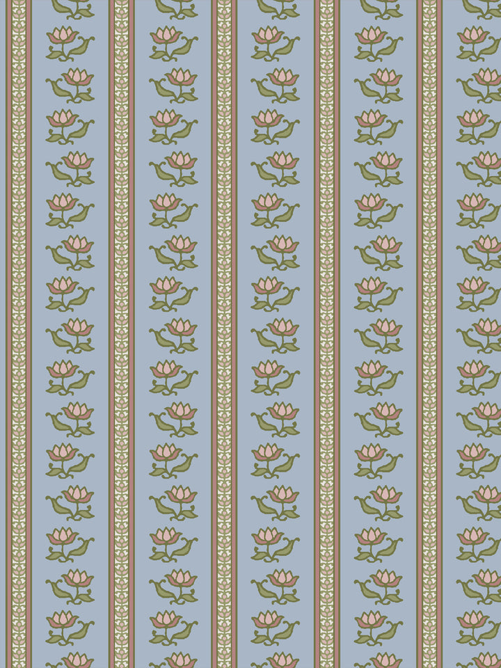 Azahara wallpaper in Dewdrop Garden: dusty pink lotus stripes with moss green leaves on powder blue