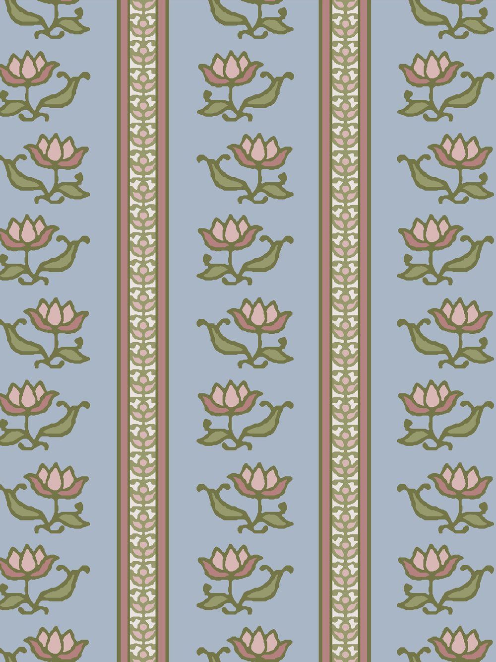 Close crop of dusty pink lotus stripes on soft powder blue