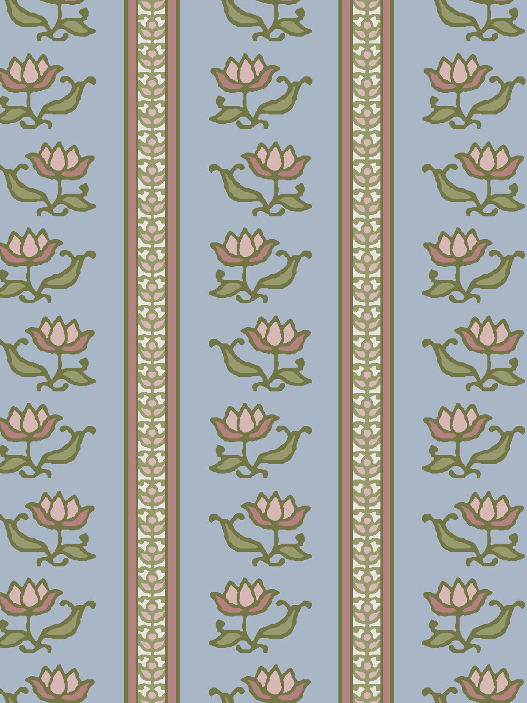 Close crop of dusty pink lotus stripes on soft powder blue