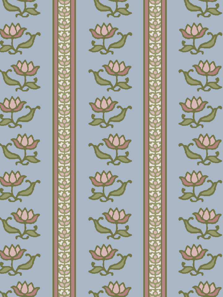 Close crop of dusty pink lotus stripes on soft powder blue