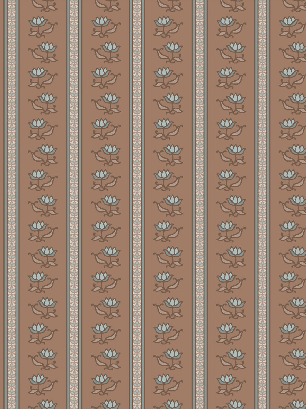 Azahara wallpaper in Driftwood Denim: pale blue lotus stripes with brown leaves on a warm brown ground