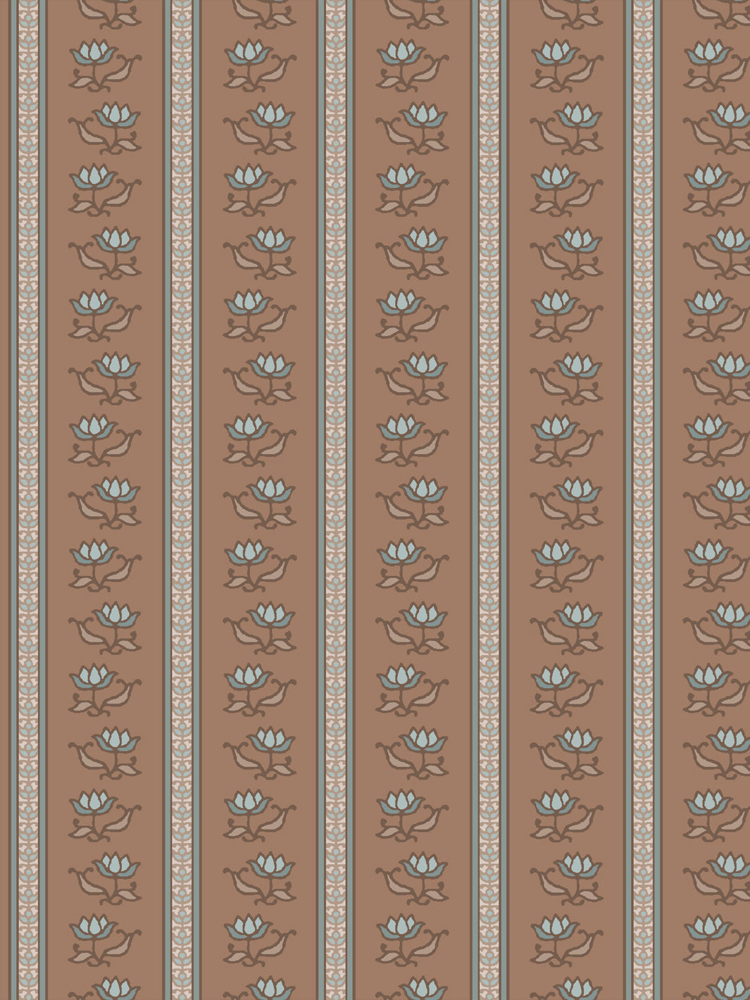 Azahara wallpaper in Driftwood Denim: pale blue lotus stripes with brown leaves on a warm brown ground