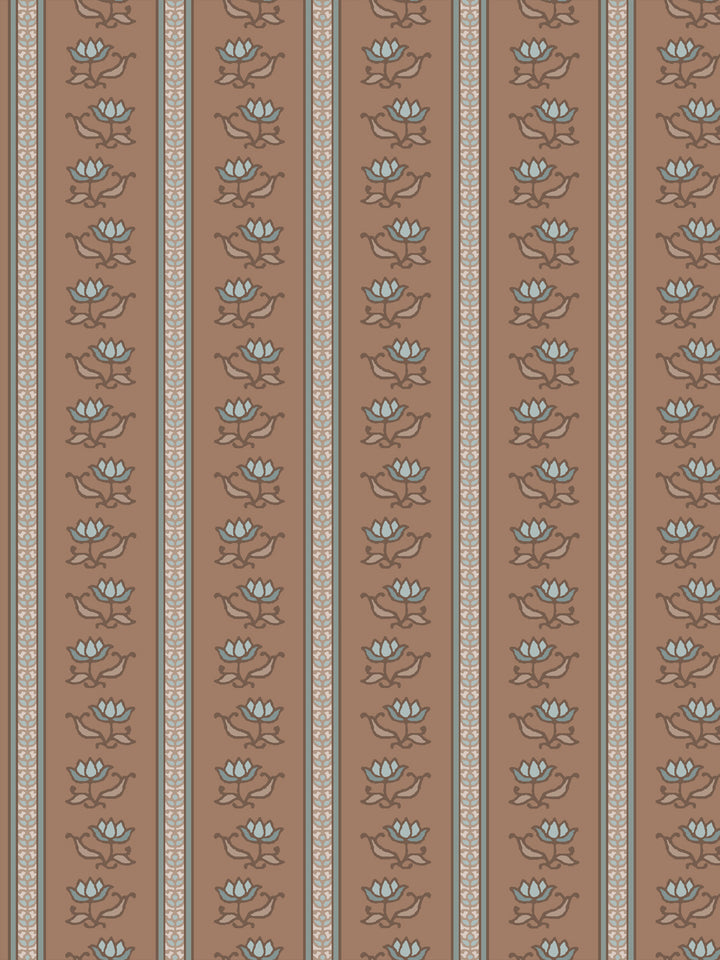 Azahara wallpaper in Driftwood Denim: pale blue lotus stripes with brown leaves on a warm brown ground