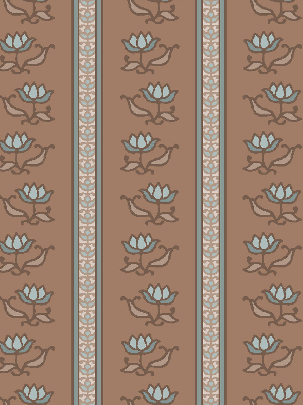 Close crop of pale powder blue lotus stripes on warm mid brown