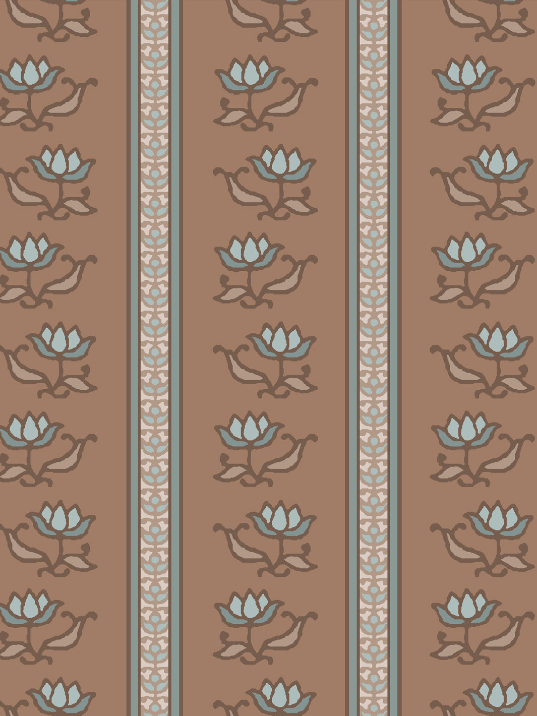 Close crop of pale powder blue lotus stripes on warm mid brown