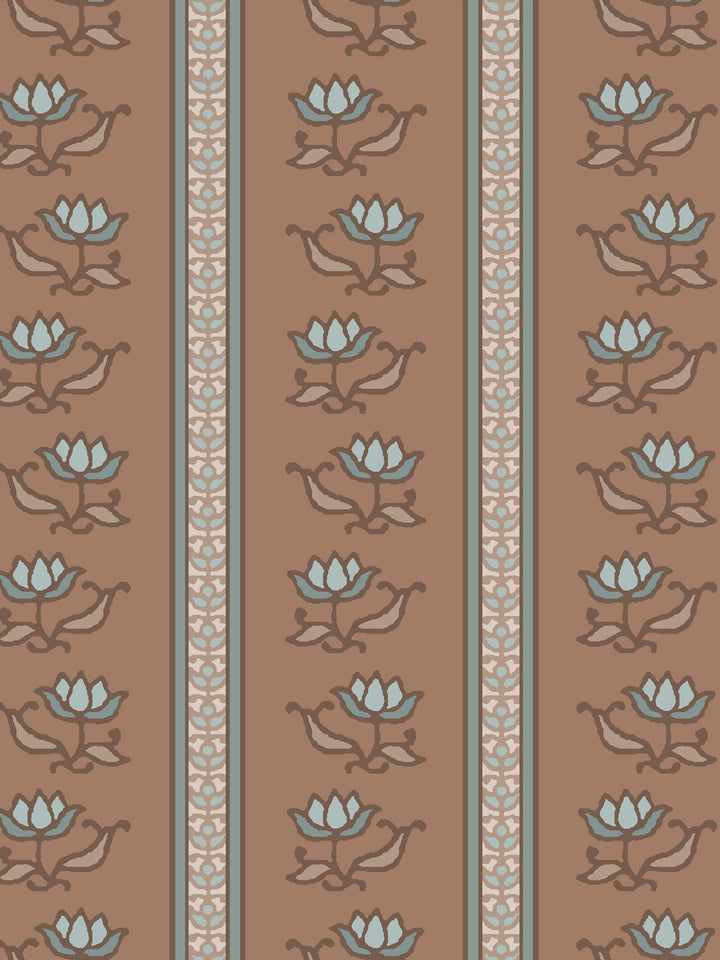 Close crop of pale powder blue lotus stripes on warm mid brown