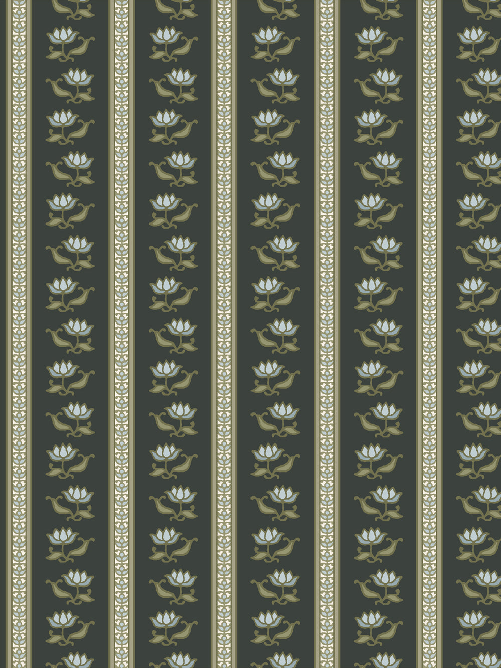 Azahara wallpaper in Dusty Charcoal: ice blue lotus stripes with olive leaves on a near-black ground