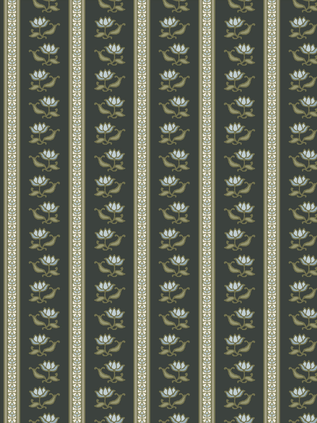 Azahara wallpaper in Dusty Charcoal: ice blue lotus stripes with olive leaves on a near-black ground