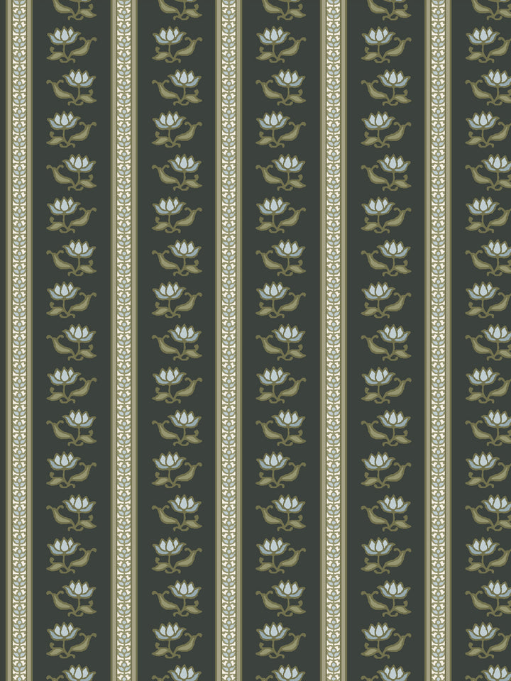 Azahara wallpaper in Dusty Charcoal: ice blue lotus stripes with olive leaves on a near-black ground