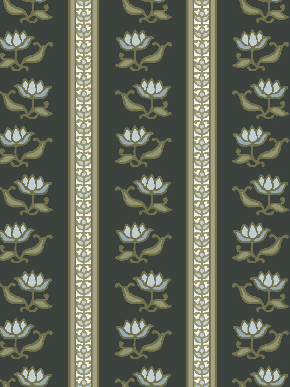 Close crop of pale ice blue lotus stripes on very dark green-black