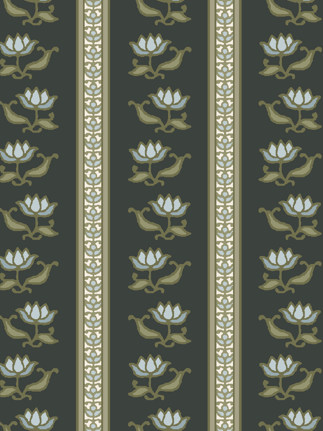 Close crop of pale ice blue lotus stripes on very dark green-black