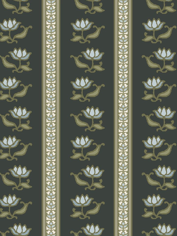 Close crop of pale ice blue lotus stripes on very dark green-black