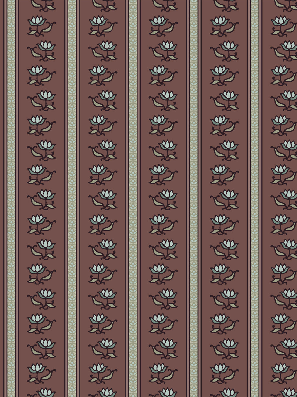 Azahara wallpaper in Faded Bordeaux: pale blue lotus stripes with khaki leaves on muted wine brown