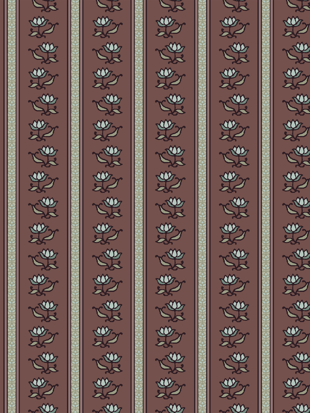 Azahara wallpaper in Faded Bordeaux: pale blue lotus stripes with khaki leaves on muted wine brown