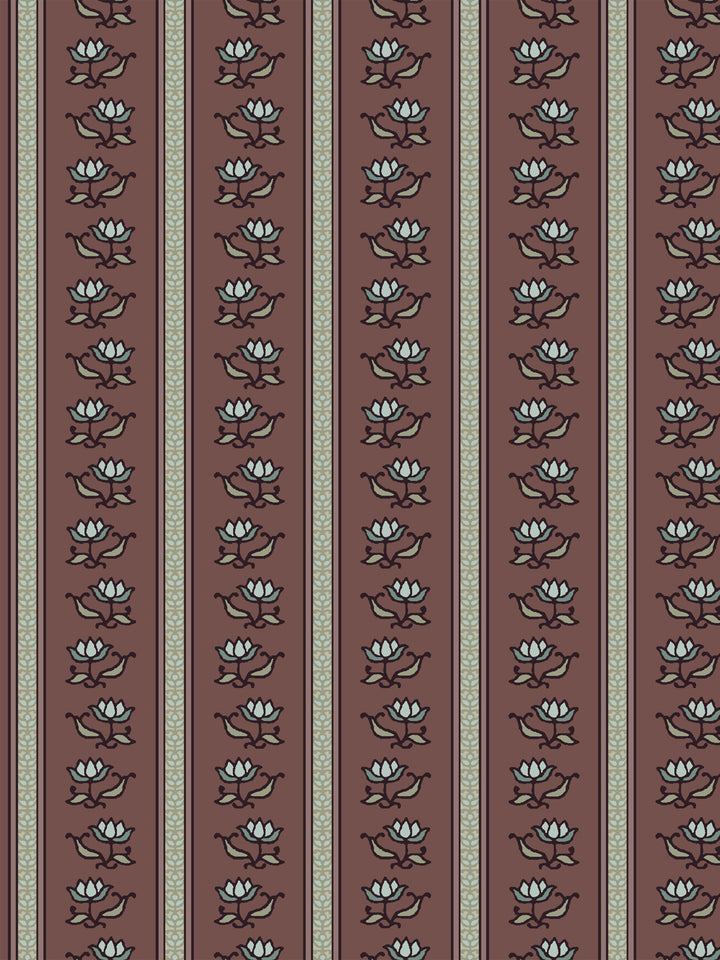 Azahara wallpaper in Faded Bordeaux: pale blue lotus stripes with khaki leaves on muted wine brown
