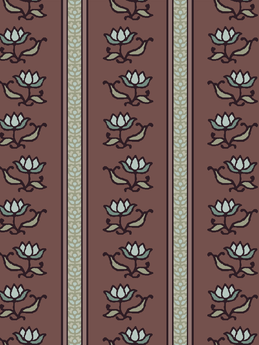 Close crop of pale ice blue lotus stripes on muted wine brown