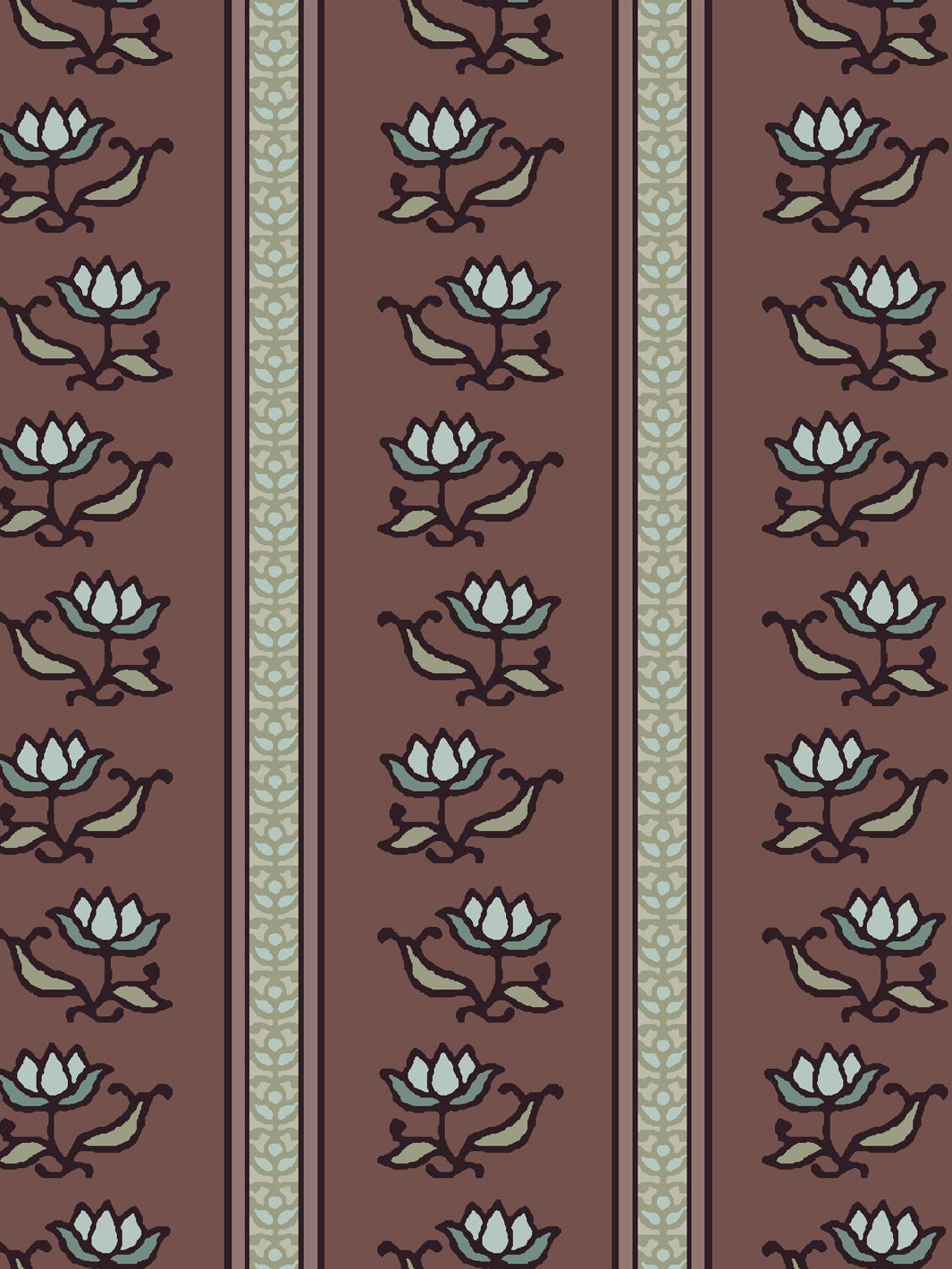 Close crop of pale ice blue lotus stripes on muted wine brown