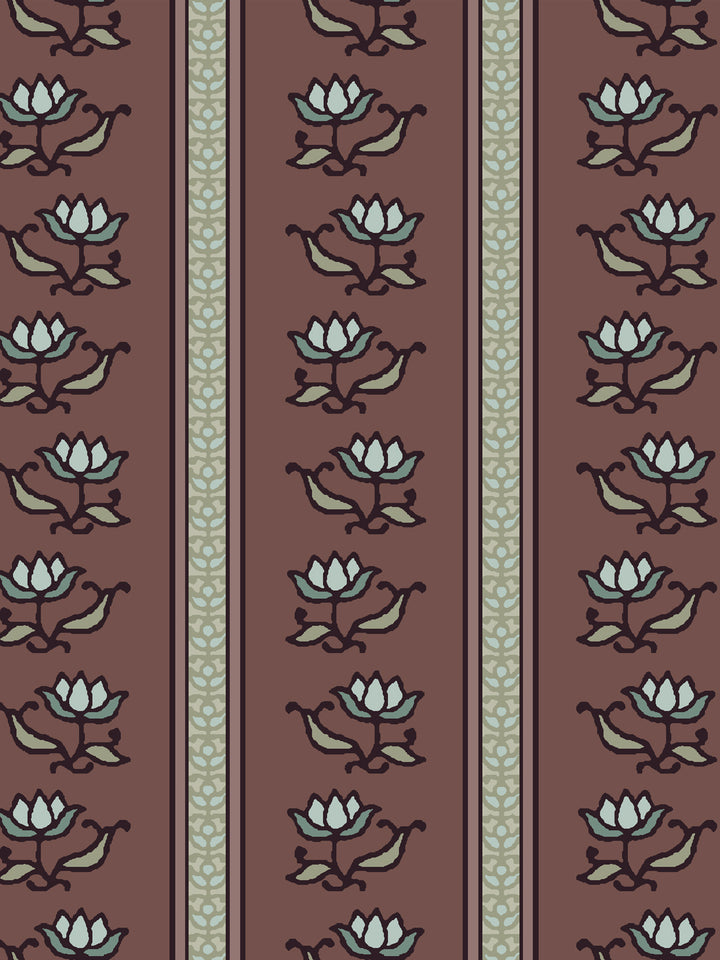 Close crop of pale ice blue lotus stripes on muted wine brown