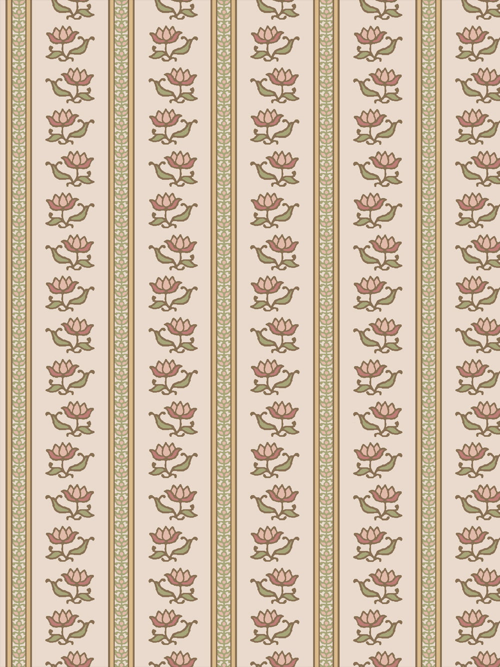 Azahara wallpaper in Honeysuckle Parchment: rose lotus stripes with sage leaves on blush parchment