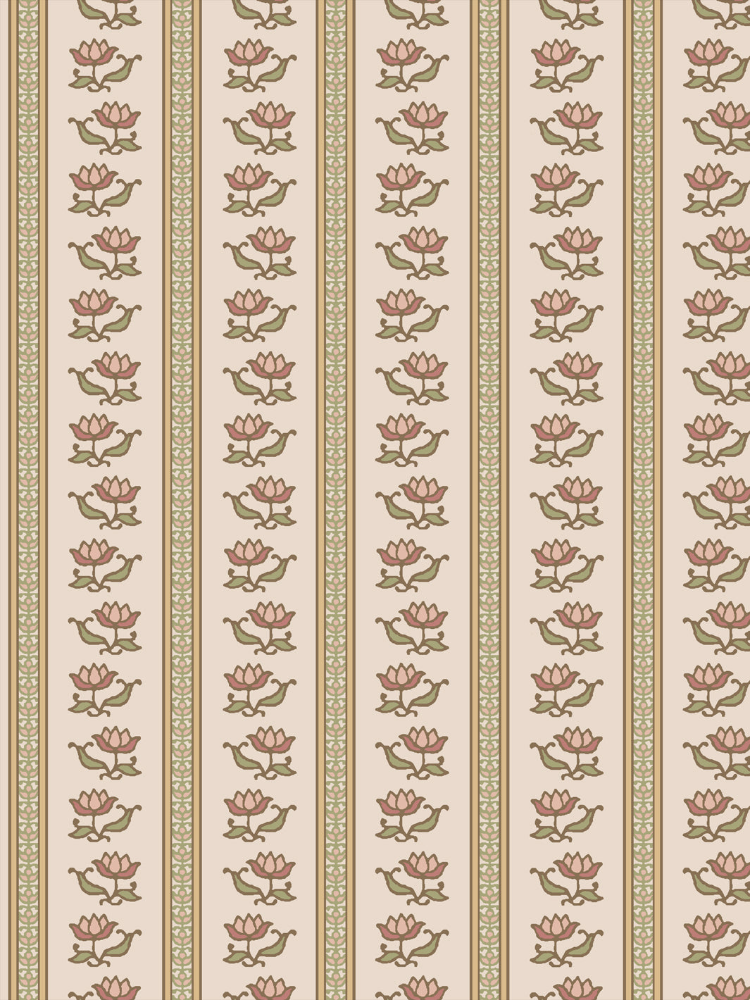 Azahara wallpaper in Honeysuckle Parchment: rose lotus stripes with sage leaves on blush parchment