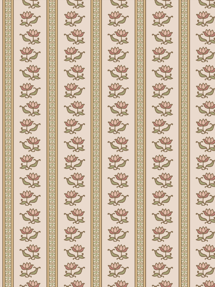 Azahara wallpaper in Honeysuckle Parchment: rose lotus stripes with sage leaves on blush parchment