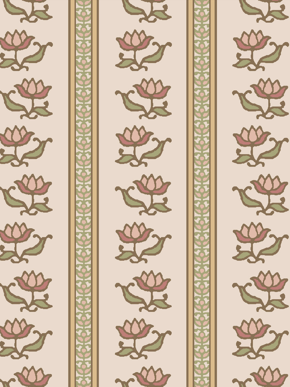 Close crop of dusty rose and terracotta pink lotus stripes on pale blush-cream parchment