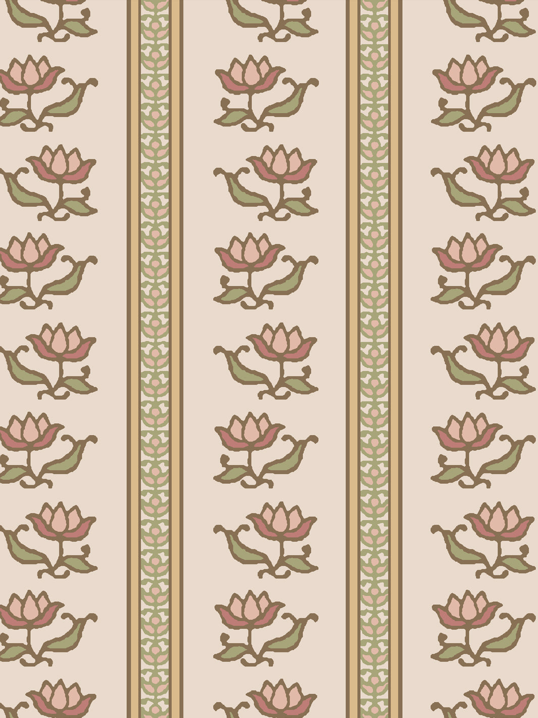 Close crop of dusty rose and terracotta pink lotus stripes on pale blush-cream parchment