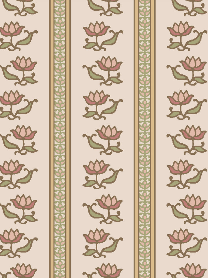 Close crop of dusty rose and terracotta pink lotus stripes on pale blush-cream parchment