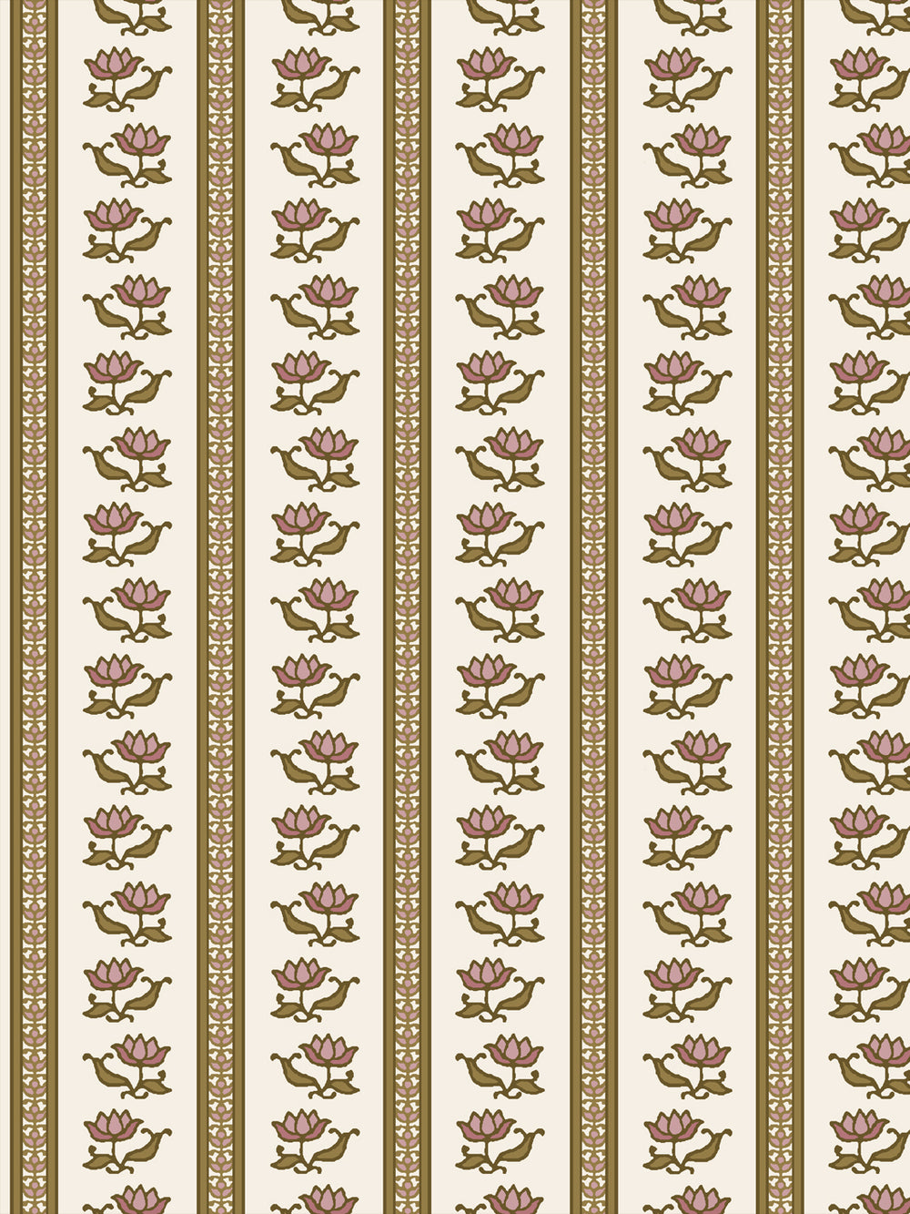 Azahara wallpaper in Meadow Cream: mauve-pink lotus stripes with olive green leaves on ivory