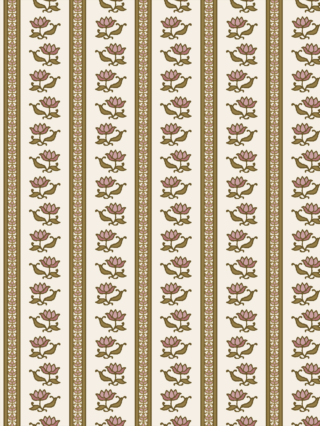 Azahara wallpaper in Meadow Cream: mauve-pink lotus stripes with olive green leaves on ivory