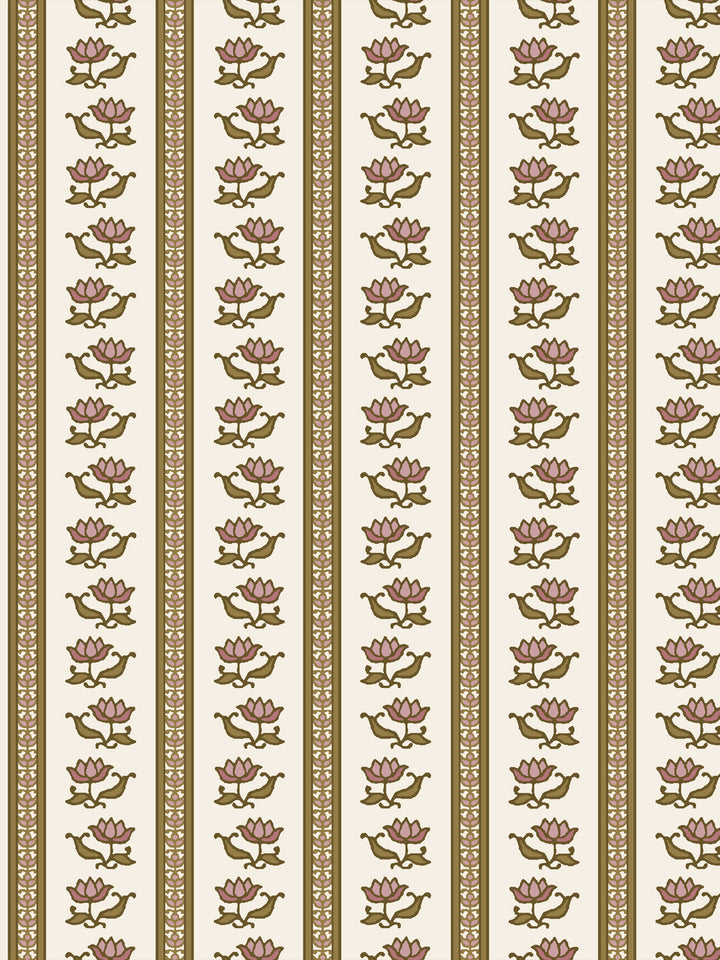 Azahara wallpaper in Meadow Cream: mauve-pink lotus stripes with olive green leaves on ivory