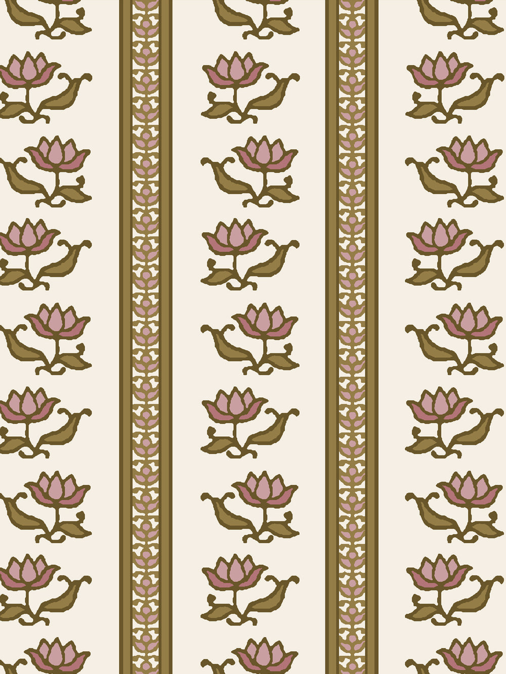 Close crop of mauve-pink lotus stripes on ivory cream