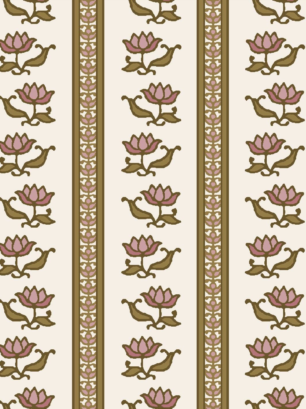 Close crop of mauve-pink lotus stripes on ivory cream