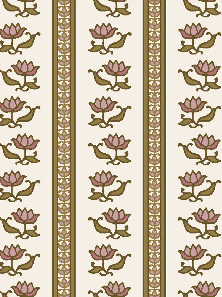 Close crop of mauve-pink lotus stripes on ivory cream
