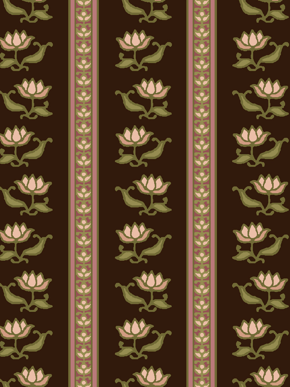 Close crop of pale blush pink lotus stripes on dark chocolate brown