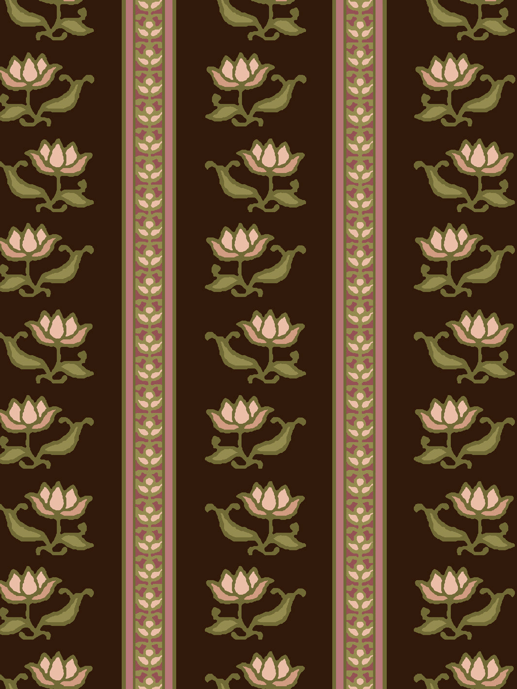 Close crop of pale blush pink lotus stripes on dark chocolate brown