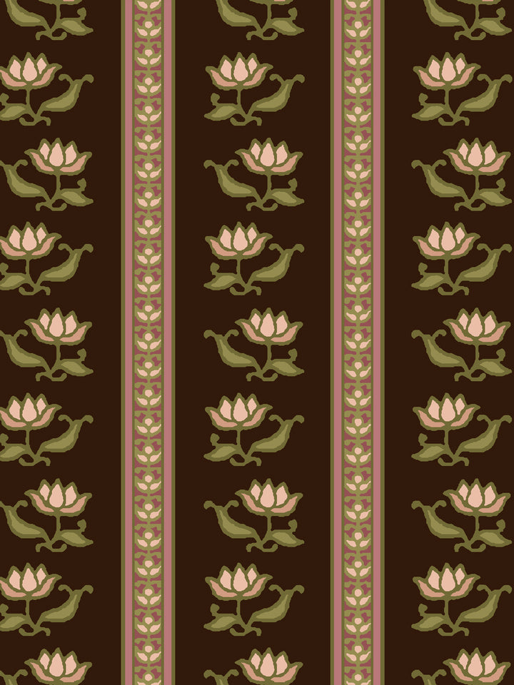 Close crop of pale blush pink lotus stripes on dark chocolate brown