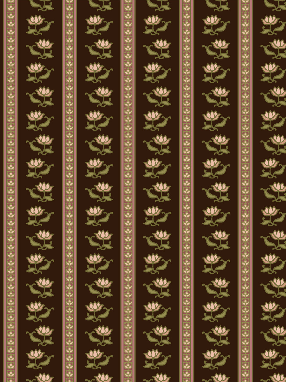 Azahara wallpaper in Moss Bark: blush lotus stripes with moss green leaves on dark chocolate brown