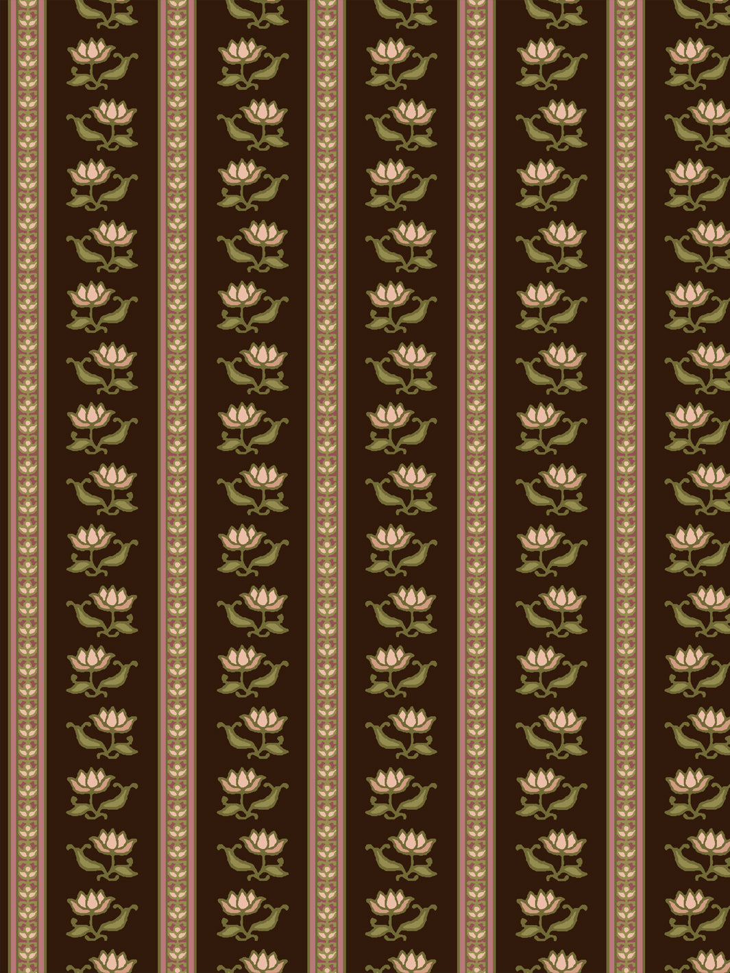 Azahara wallpaper in Moss Bark: blush lotus stripes with moss green leaves on dark chocolate brown