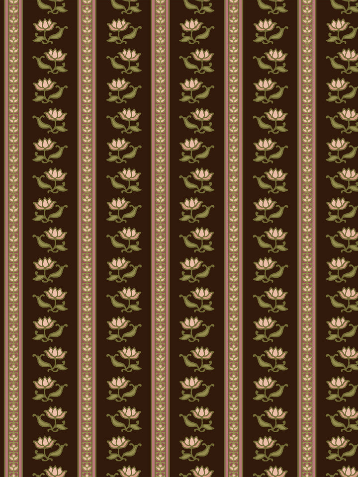 Azahara wallpaper in Moss Bark: blush lotus stripes with moss green leaves on dark chocolate brown