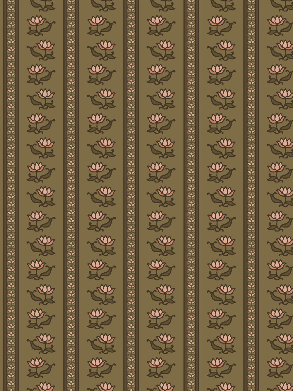 Azahara wallpaper in Overgrown Arbour Apricot: apricot lotus stripes with brown leaves on olive khaki