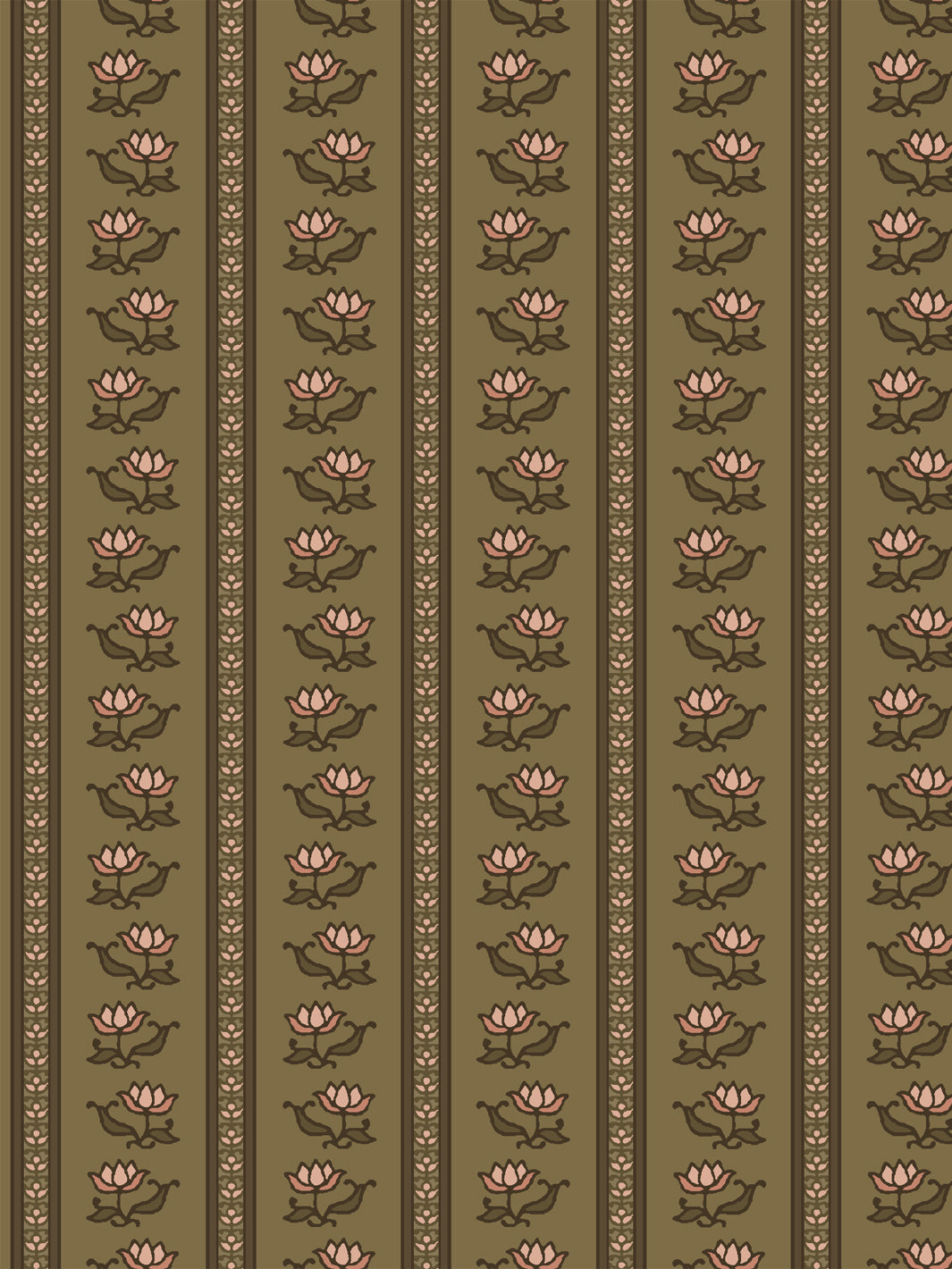 Azahara wallpaper in Overgrown Arbour Apricot: apricot lotus stripes with brown leaves on olive khaki