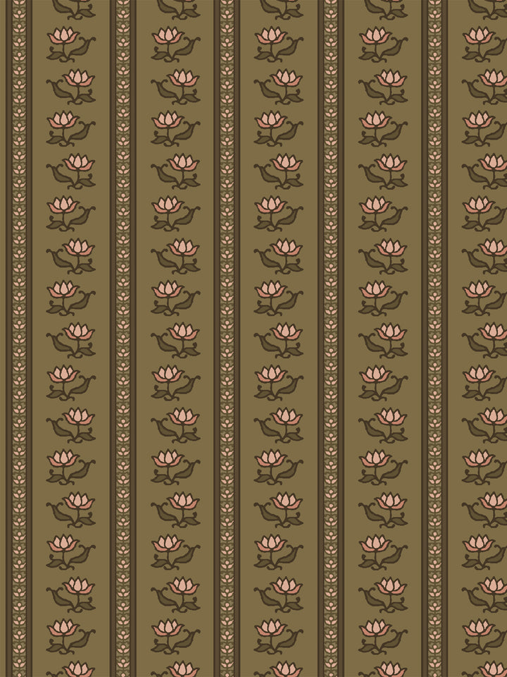Azahara wallpaper in Overgrown Arbour Apricot: apricot lotus stripes with brown leaves on olive khaki