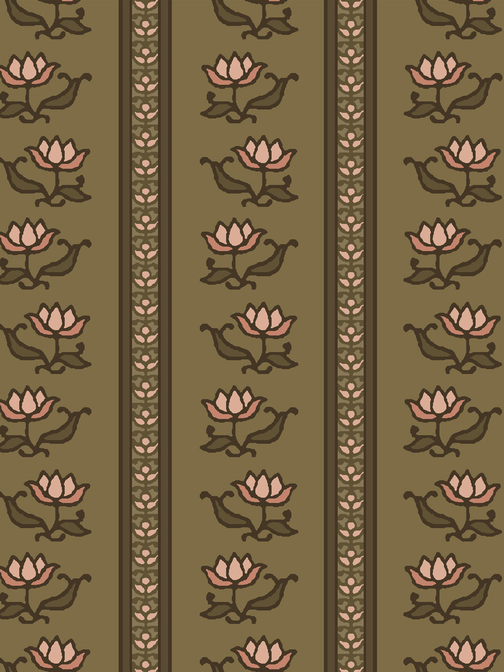 Close crop of apricot peach lotus stripes on olive khaki