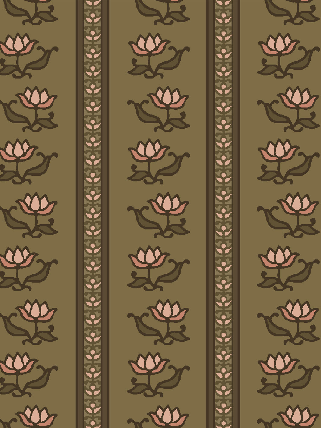 Close crop of apricot peach lotus stripes on olive khaki