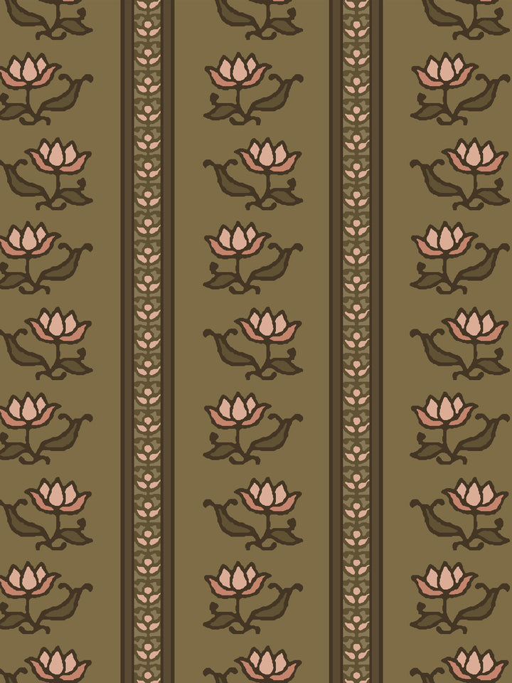 Close crop of apricot peach lotus stripes on olive khaki