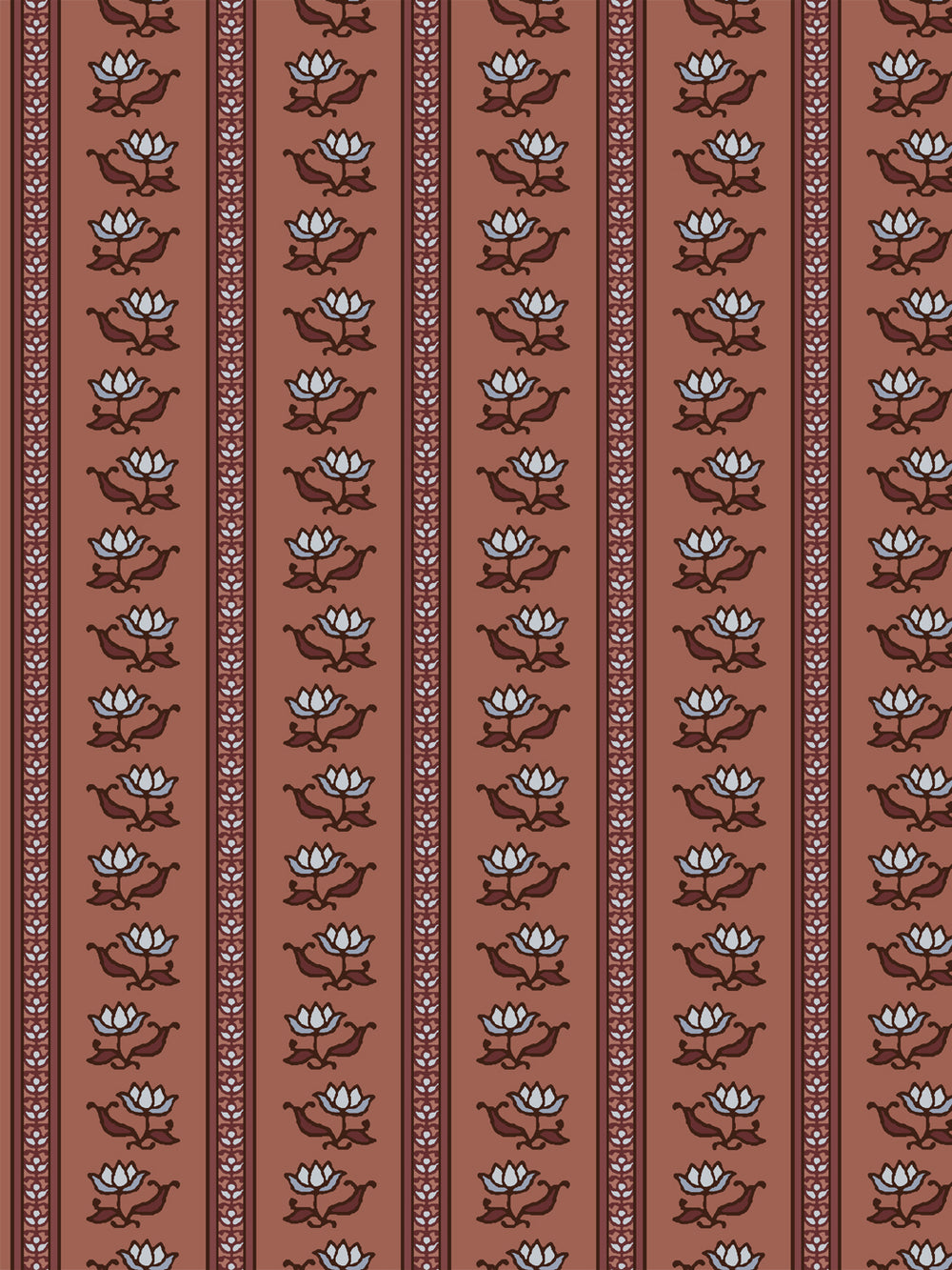 Azahara wallpaper in Painted Clay: pale blue lotus stripes with maroon leaves on a terracotta ground